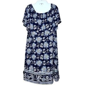 J. Jill Dress Size S Blue White Floral Birds Off Shoulder Ruffle Pullover Cotton